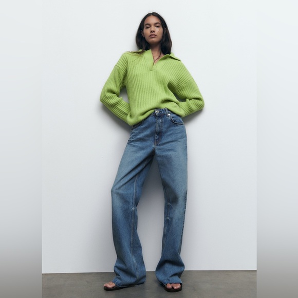 Zara Ribbed Knit Green Sweater Collar - Picture 2 of 6